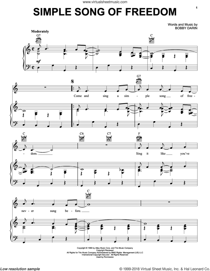 Simple Song Of Freedom sheet music for voice, piano or guitar by Bobby Darin and Tim Hardin, intermediate skill level