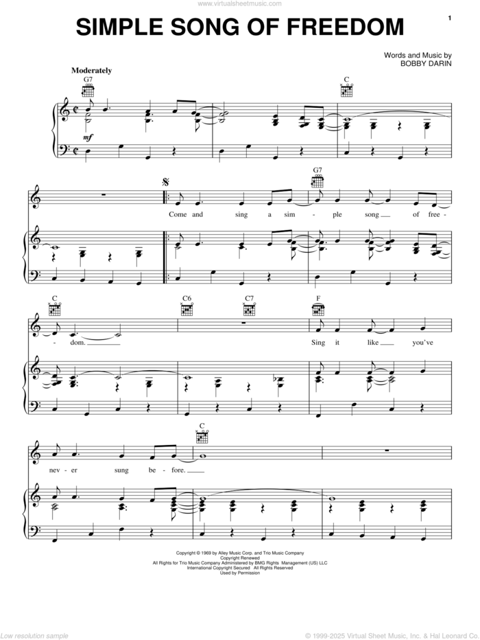 Simple Song Of Freedom sheet music for voice, piano or guitar by Bobby Darin and Tim Hardin, intermediate skill level