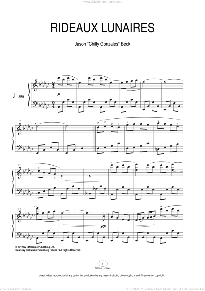 Rideaux Lunaires sheet music for piano solo by Chilly Gonzales and Jason Beck, classical score, intermediate skill level