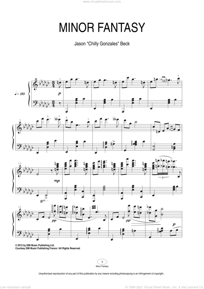 Minor Fantasy sheet music for piano solo by Chilly Gonzales and Jason Beck, classical score, intermediate skill level