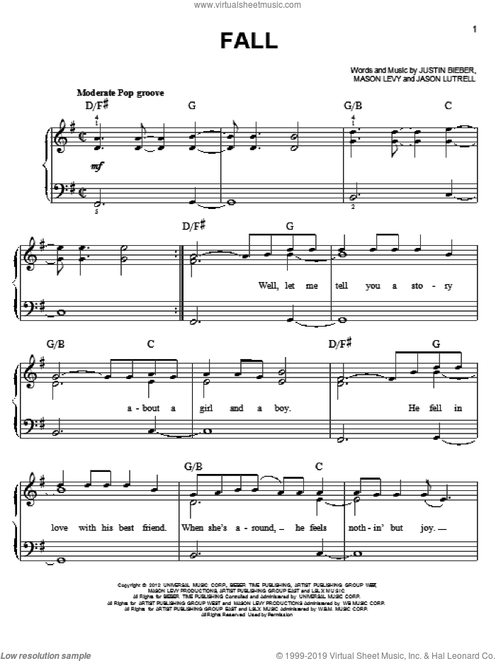 Fall sheet music for piano solo by Justin Bieber, easy skill level