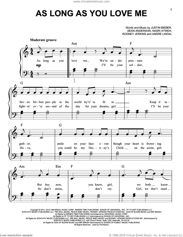 As Long As You Love Me sheet music for piano solo by Justin Bieber, easy skill level