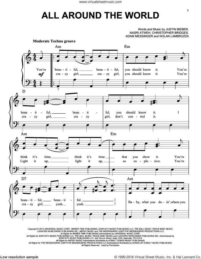 All Around The World sheet music for piano solo by Justin Bieber, easy skill level