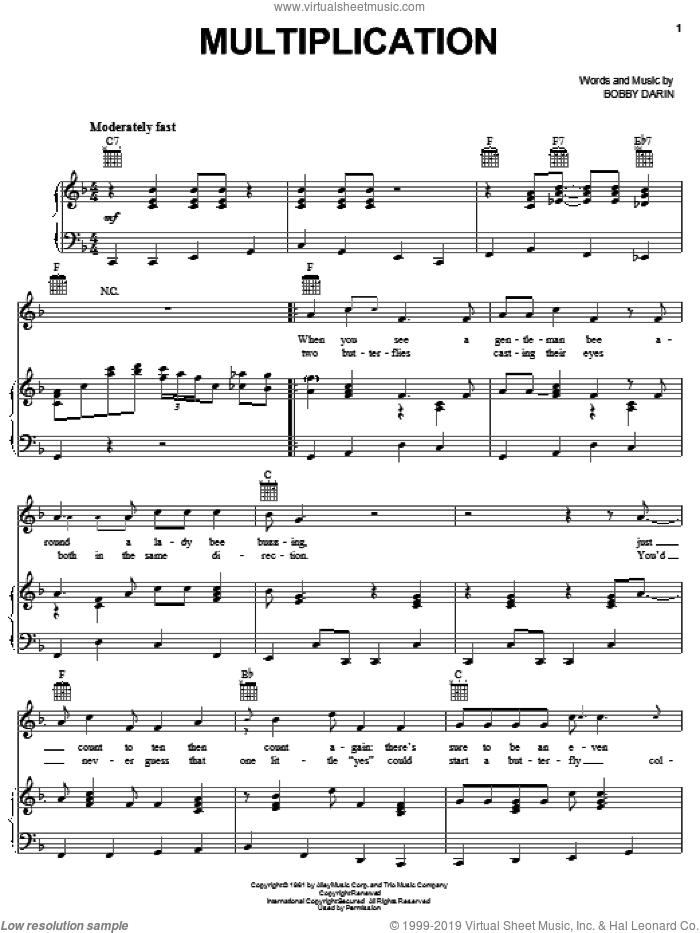 Multiplication sheet music for voice, piano or guitar by Bobby Darin, intermediate skill level