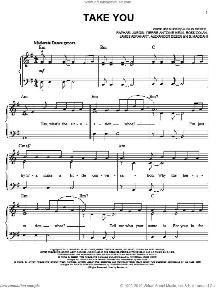 Take You sheet music for piano solo by Justin Bieber, easy skill level