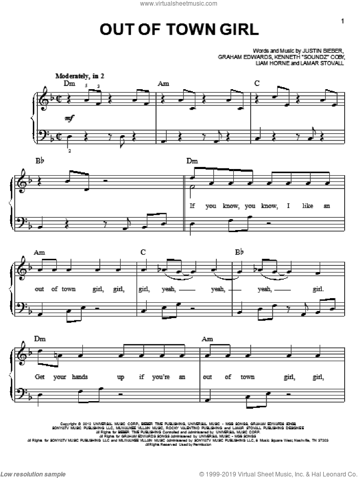 Out Of Town Girl sheet music for piano solo by Justin Bieber, easy skill level