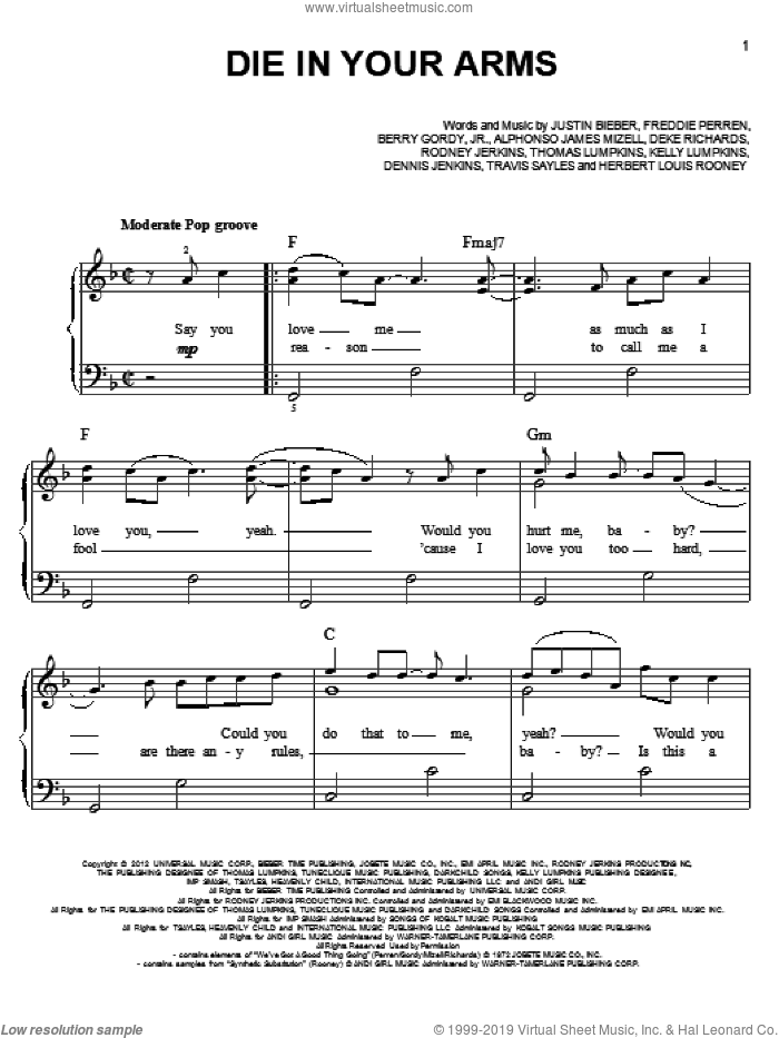 Die In Your Arms sheet music for piano solo by Justin Bieber, easy skill level