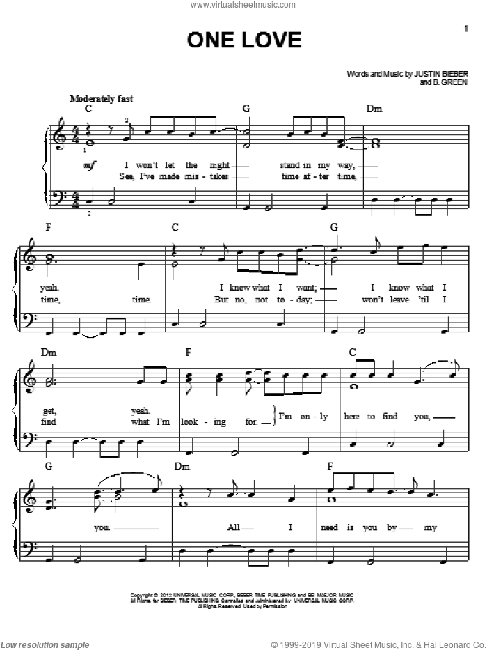 One Love sheet music for piano solo by Justin Bieber, easy skill level