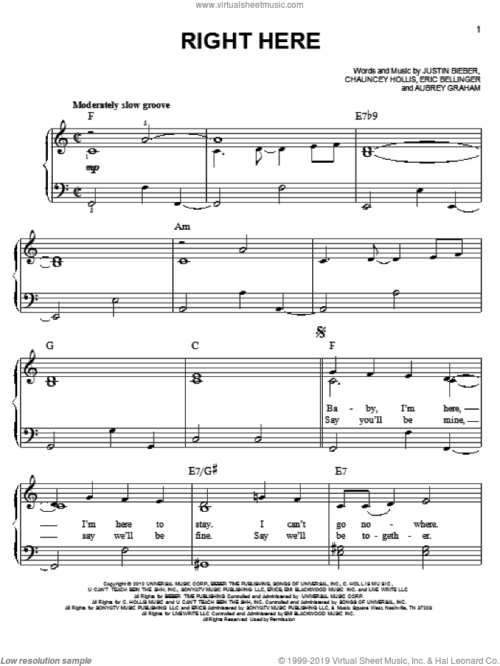 Right Here sheet music for piano solo by Justin Bieber, easy skill level