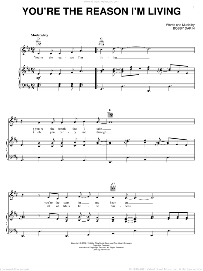 You're The Reason I'm Living sheet music for voice, piano or guitar by Bobby Darin, intermediate skill level