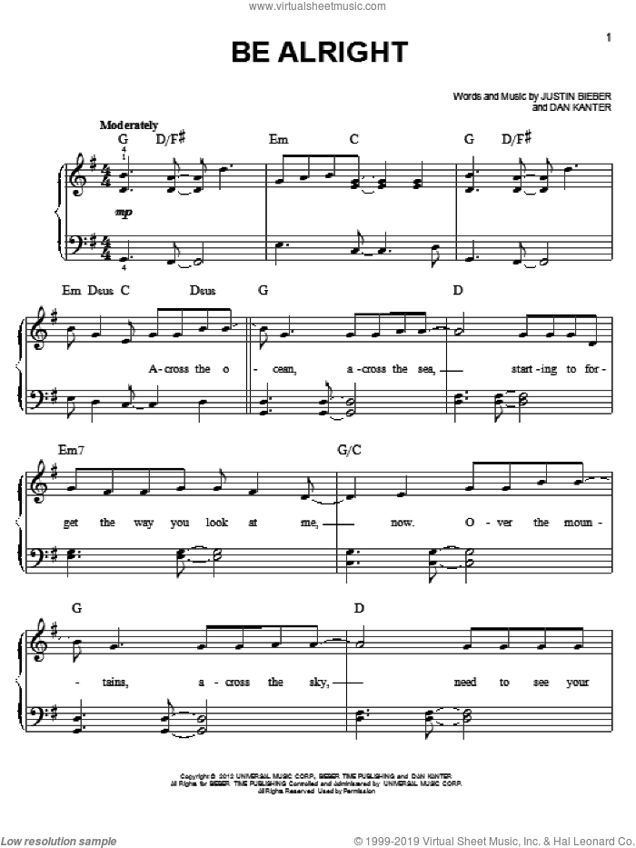 Be Alright sheet music for piano solo by Justin Bieber, easy skill level
