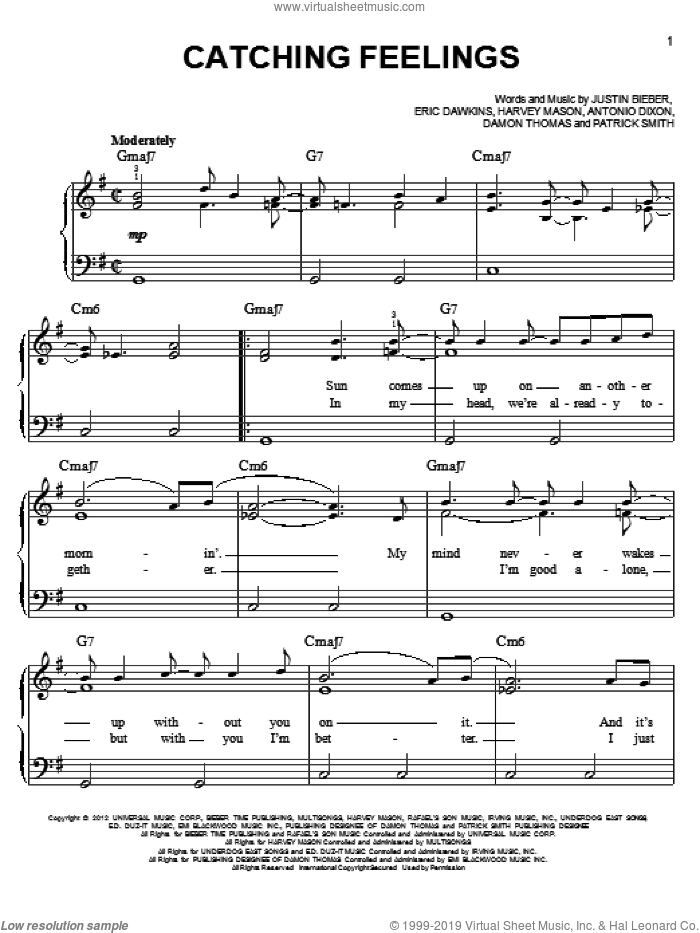 Catching Feelings sheet music for piano solo by Justin Bieber, easy skill level