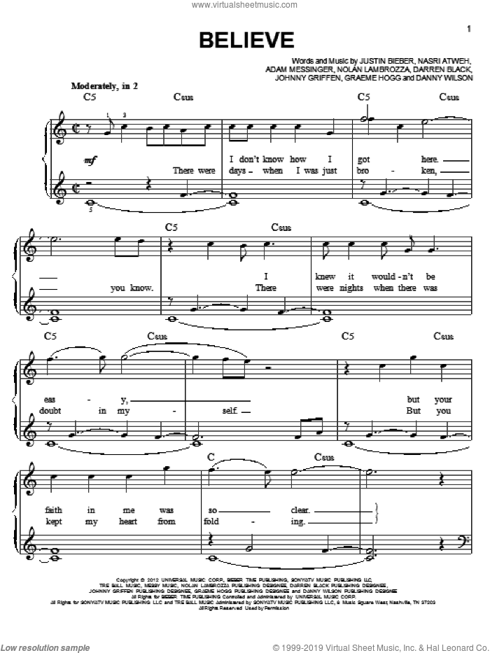 Believe sheet music for piano solo by Justin Bieber, easy skill level