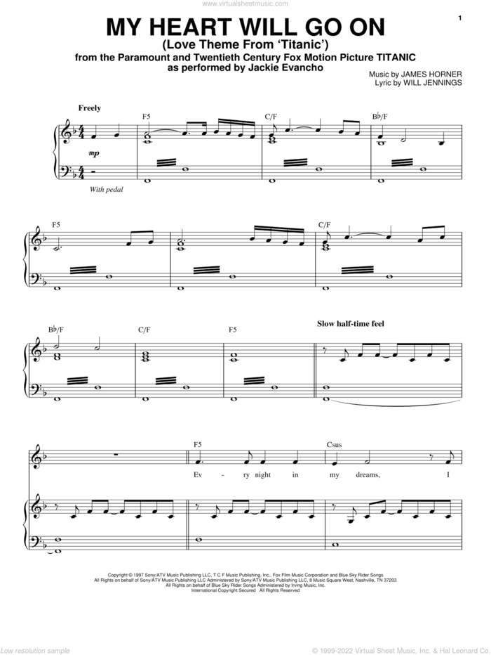 My Heart Will Go On (Love Theme from Titanic) sheet music for voice and piano by Jackie Evancho and Celine Dion, wedding score, intermediate skill level