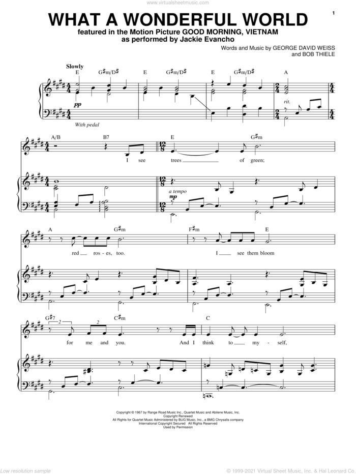 What A Wonderful World sheet music for voice and piano by Jackie Evancho and Louis Armstrong, intermediate skill level