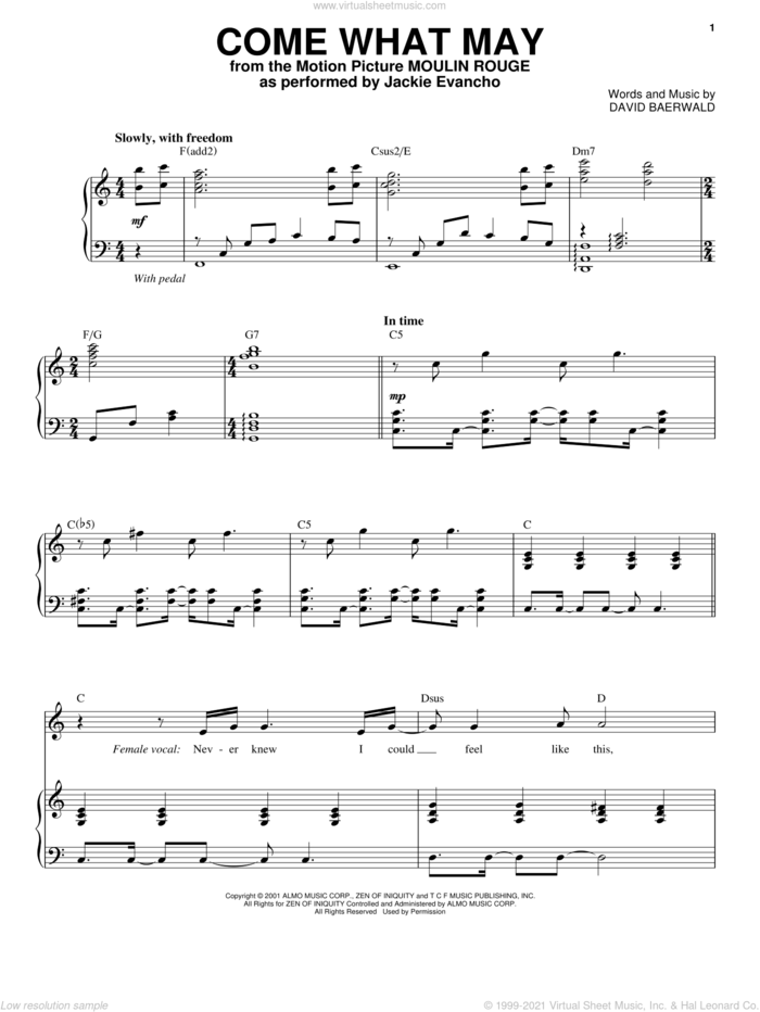 Come What May sheet music for voice and piano by Jackie Evancho and David Baerwald, intermediate skill level