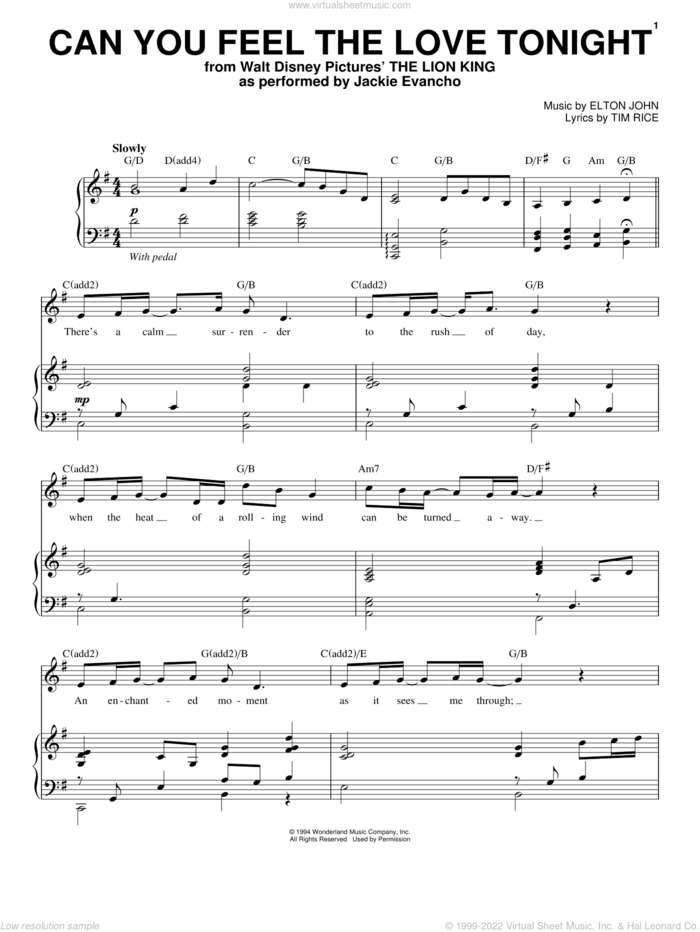 Can You Feel The Love Tonight (from The Lion King) sheet music for voice and piano by Jackie Evancho, Elton John and Tim Rice, wedding score, intermediate skill level