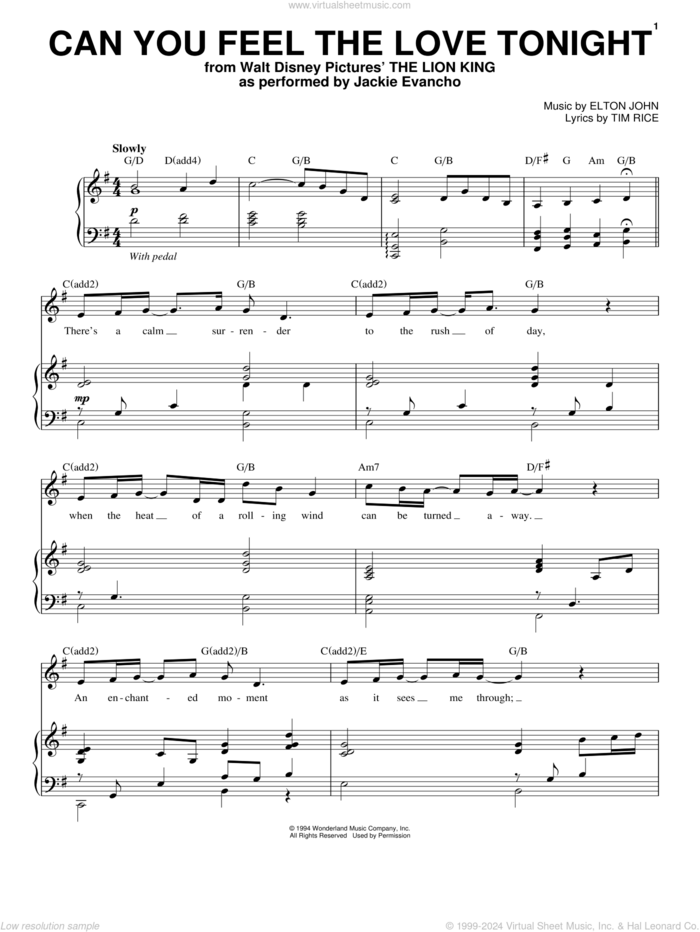 Can You Feel The Love Tonight (from The Lion King) sheet music for voice and piano by Jackie Evancho, Elton John and Tim Rice, wedding score, intermediate skill level