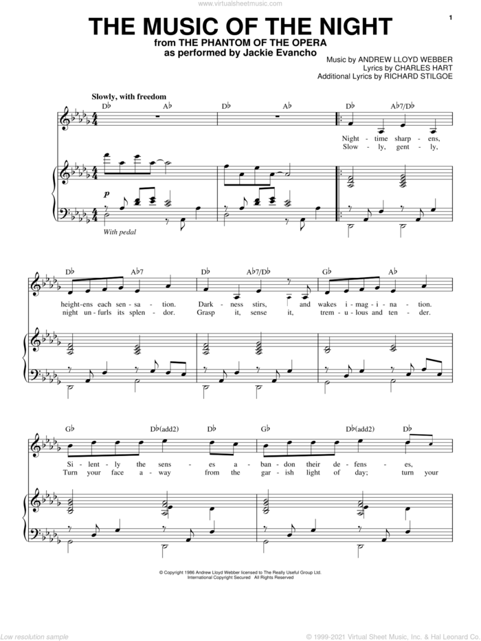 The Music Of The Night (from The Phantom Of The Opera) sheet music for voice and piano by Jackie Evancho and Andrew Lloyd Webber, intermediate skill level