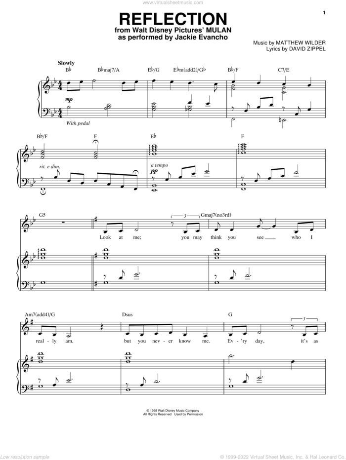 Reflection (Pop Version) (from Mulan) sheet music for voice and piano by Jackie Evancho, David Zippel and Matthew Wilder, intermediate skill level
