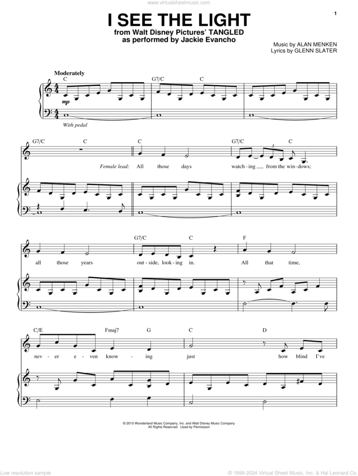 I See The Light (from Tangled) sheet music for voice and piano by Jackie Evancho and Alan Menken, intermediate skill level