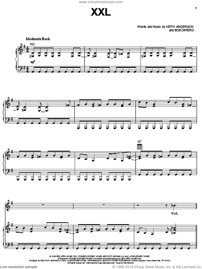 XXL (Double X-L) sheet music for voice, piano or guitar by Keith Anderson and Bob DiPiero, intermediate skill level