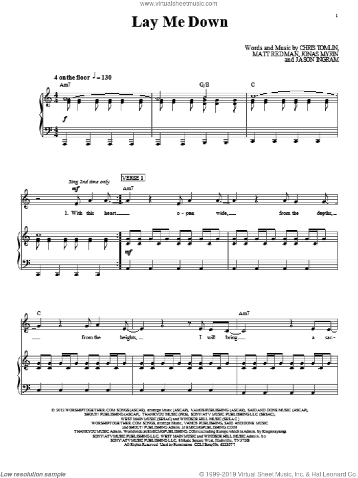 Lay Me Down sheet music for voice, piano or guitar by Chris Tomlin and Matt Redman, intermediate skill level