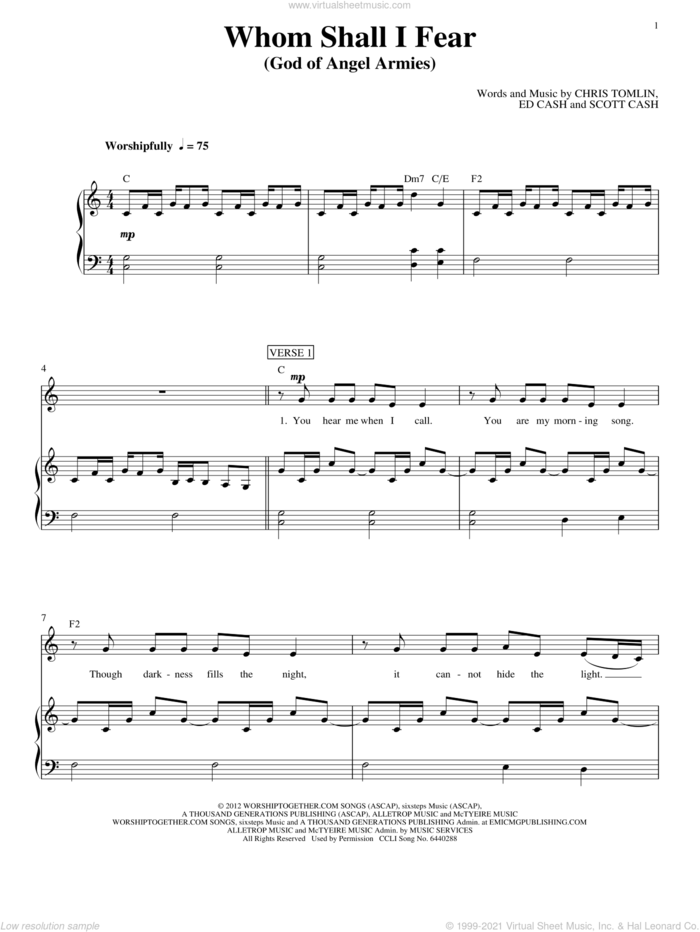 Whom Shall I Fear (God Of Angel Armies) sheet music for voice, piano or guitar by Chris Tomlin, intermediate skill level