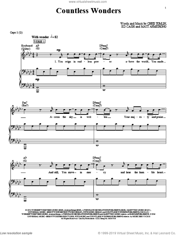 Countless Wonders sheet music for voice, piano or guitar by Chris Tomlin, intermediate skill level