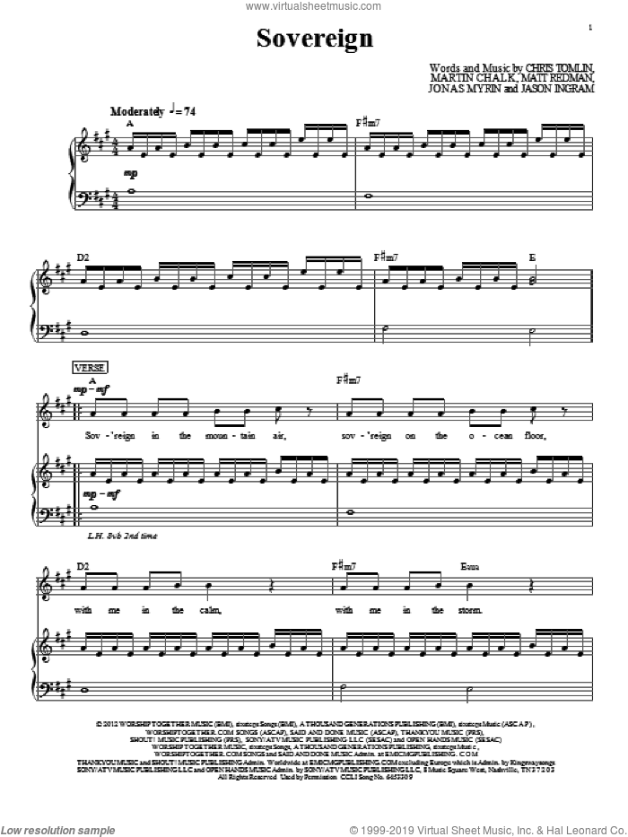 Sovereign sheet music for voice, piano or guitar by Chris Tomlin and Matt Redman, intermediate skill level
