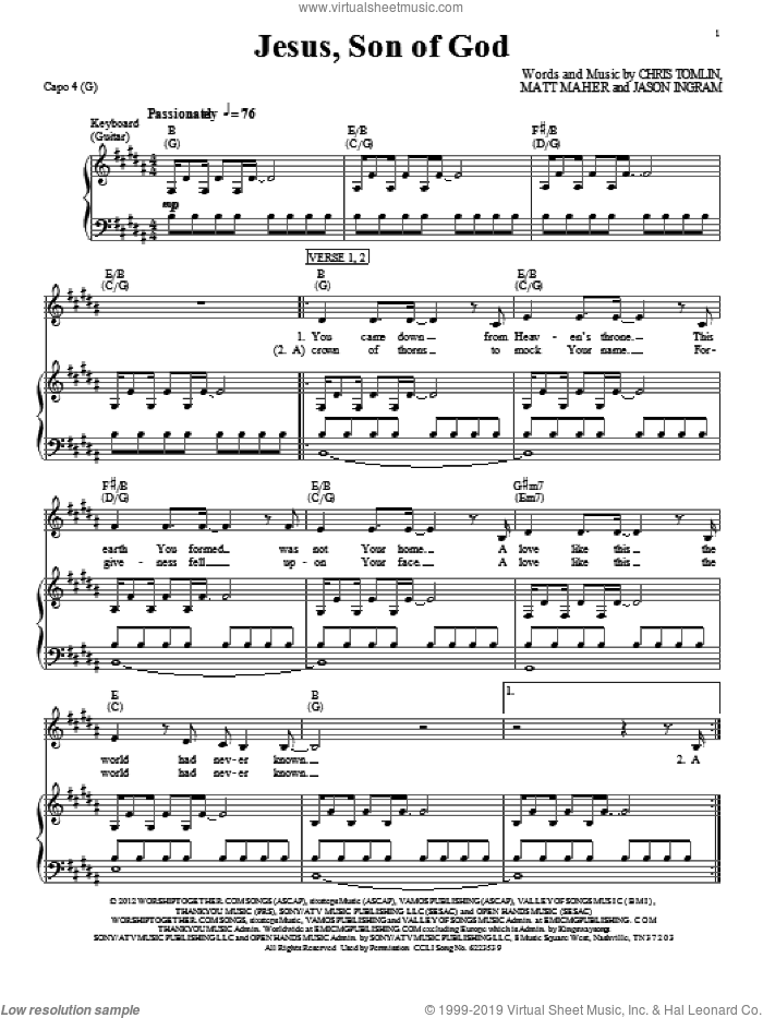 Jesus, Son Of God sheet music for voice, piano or guitar by Chris Tomlin, intermediate skill level
