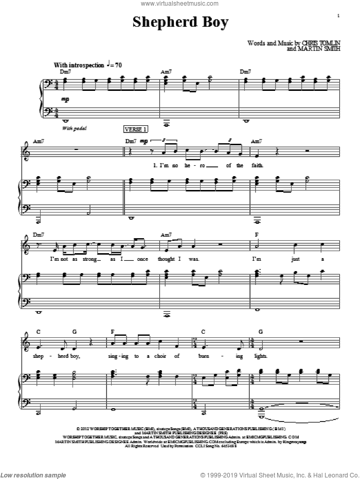 Shepherd Boy sheet music for voice, piano or guitar by Chris Tomlin and Martin Smith, intermediate skill level