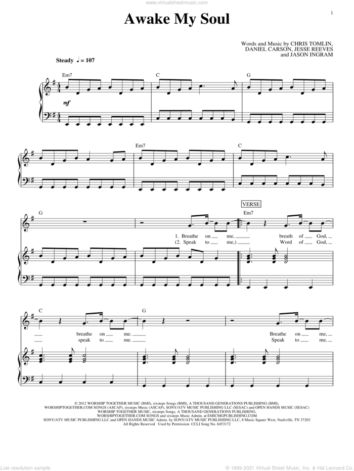 Awake My Soul sheet music for voice, piano or guitar by Chris Tomlin, intermediate skill level