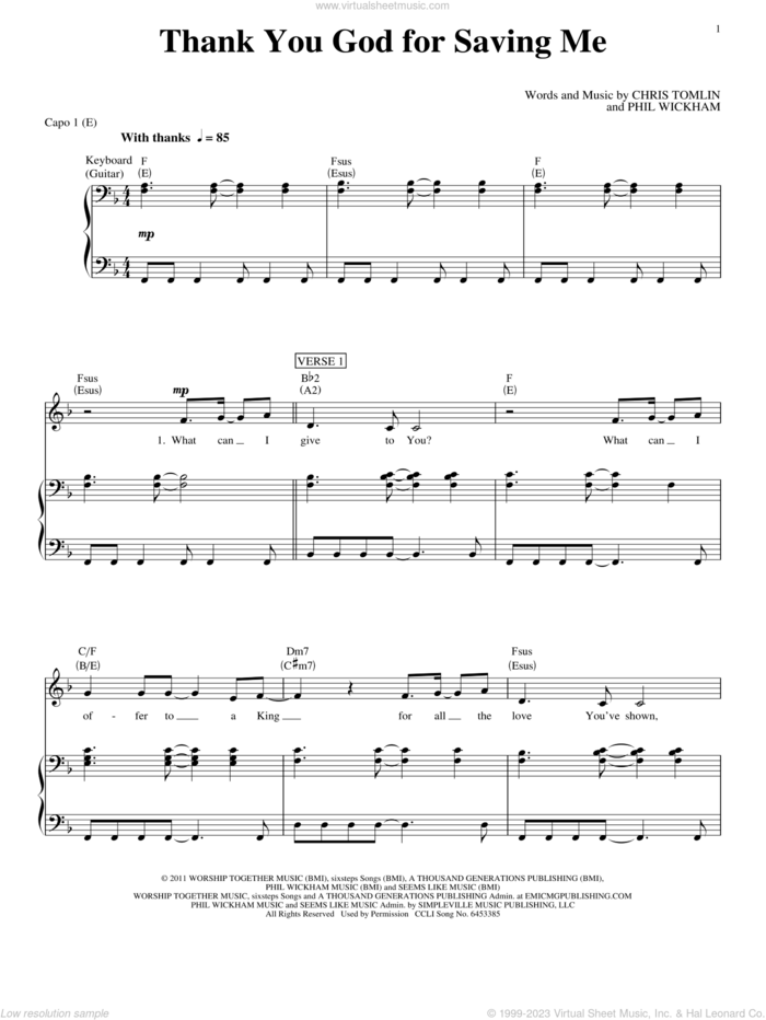 Thank You God For Saving Me sheet music for voice, piano or guitar by Chris Tomlin and Phil Wickham, intermediate skill level