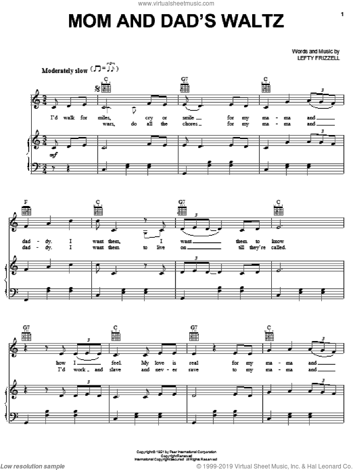 Mom And Dad's Waltz sheet music for voice, piano or guitar by Lefty Frizzell, wedding score, intermediate skill level