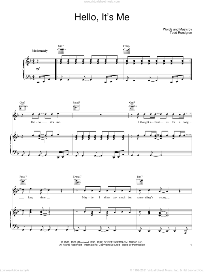 Hello, It's Me sheet music for voice, piano or guitar by Todd Rundgren, intermediate skill level