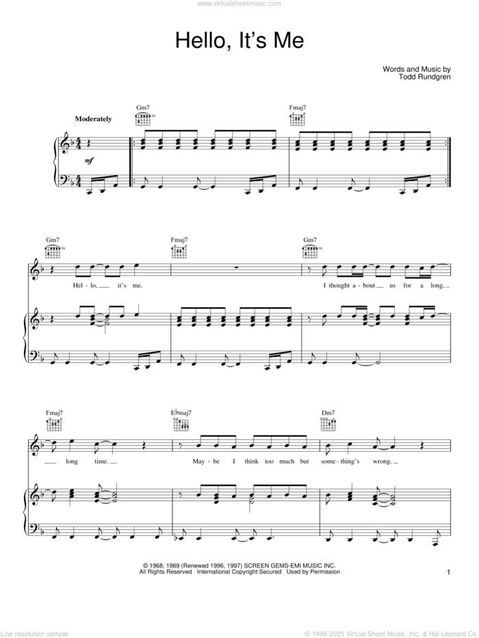 Hello, It's Me sheet music for voice, piano or guitar by Todd Rundgren, intermediate skill level