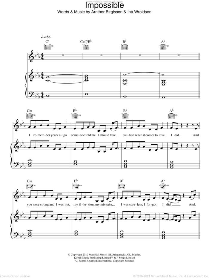 Impossible sheet music for voice, piano or guitar by James Arthur, Arnthor Birgisson and Ina Wroldsen, intermediate skill level