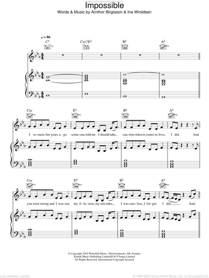 Impossible sheet music for voice, piano or guitar by James Arthur, Arnthor Birgisson and Ina Wroldsen, intermediate skill level