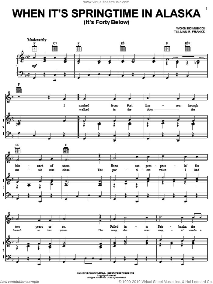 When It's Springtime In Alaska (It's Forty Below) sheet music for voice, piano or guitar by Johnny Horton and Tillman Franks, intermediate skill level
