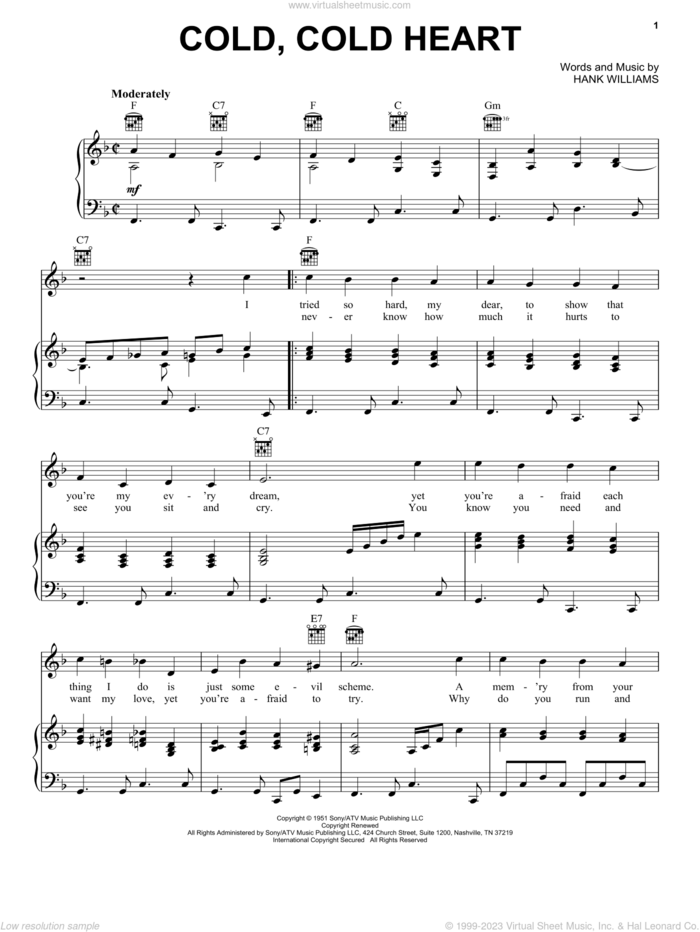Cold, Cold Heart sheet music for voice, piano or guitar by Hank Williams, Norah Jones and Tony Bennett, intermediate skill level