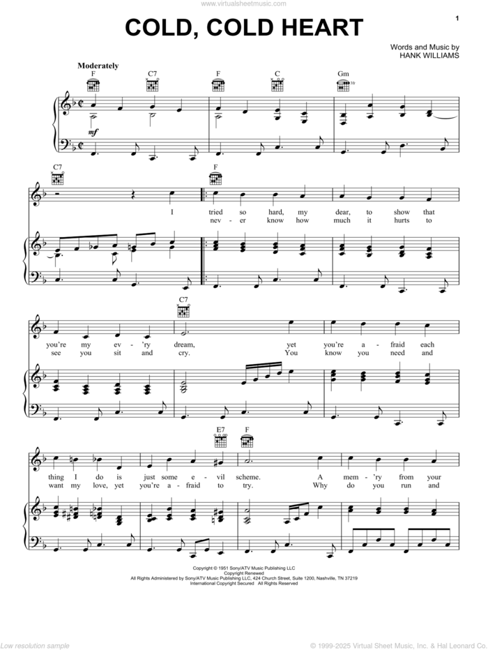 Cold, Cold Heart sheet music for voice, piano or guitar by Hank Williams, Norah Jones and Tony Bennett, intermediate skill level