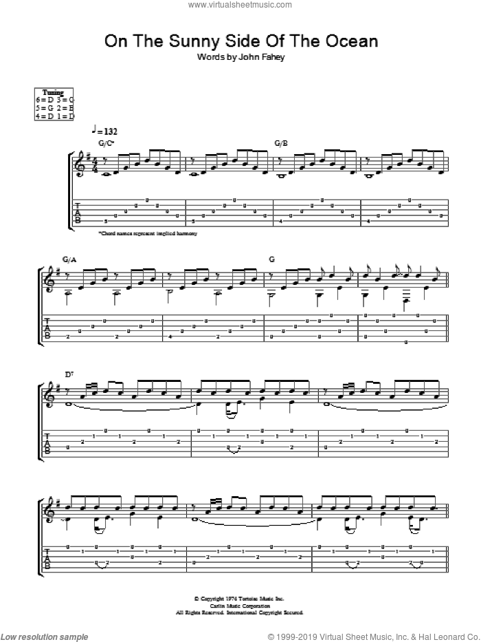 On The Sunny Side Of The Ocean sheet music for guitar (tablature) by John Fahey, intermediate skill level