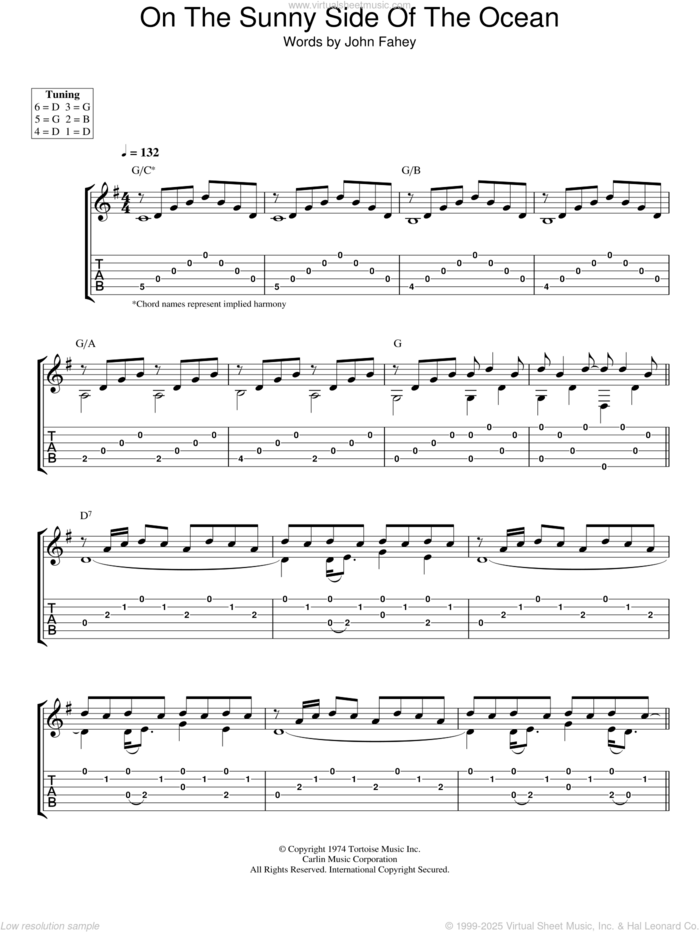 On The Sunny Side Of The Ocean sheet music for guitar (tablature) by John Fahey, intermediate skill level