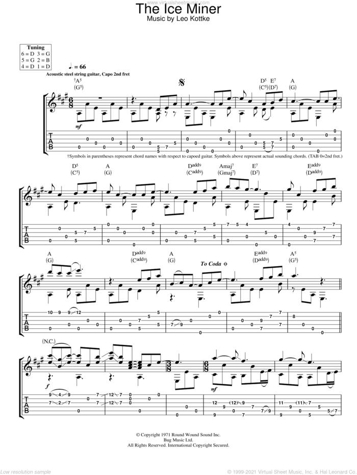 The Ice Miner sheet music for guitar (tablature) by Leo Kottke, intermediate skill level
