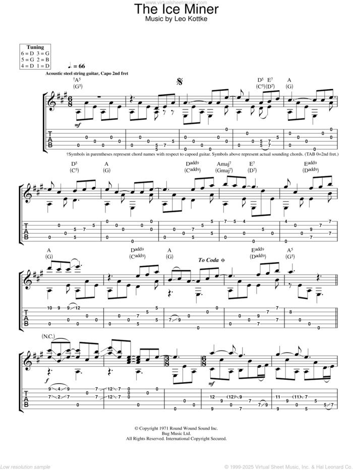 The Ice Miner sheet music for guitar (tablature) by Leo Kottke, intermediate skill level