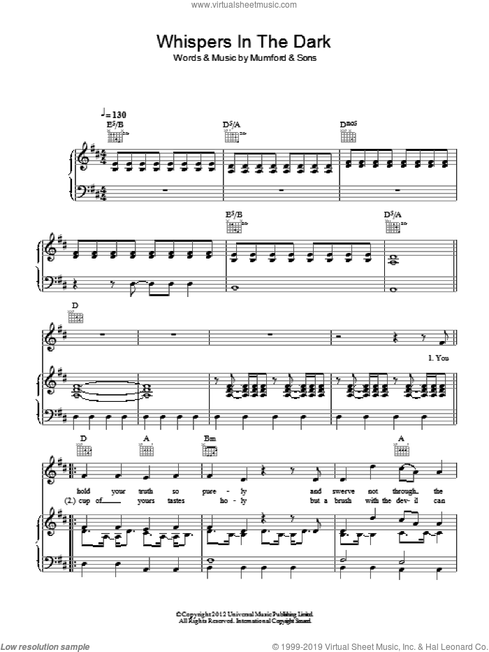 Whispers In The Dark sheet music for voice, piano or guitar by Mumford & Sons, intermediate skill level