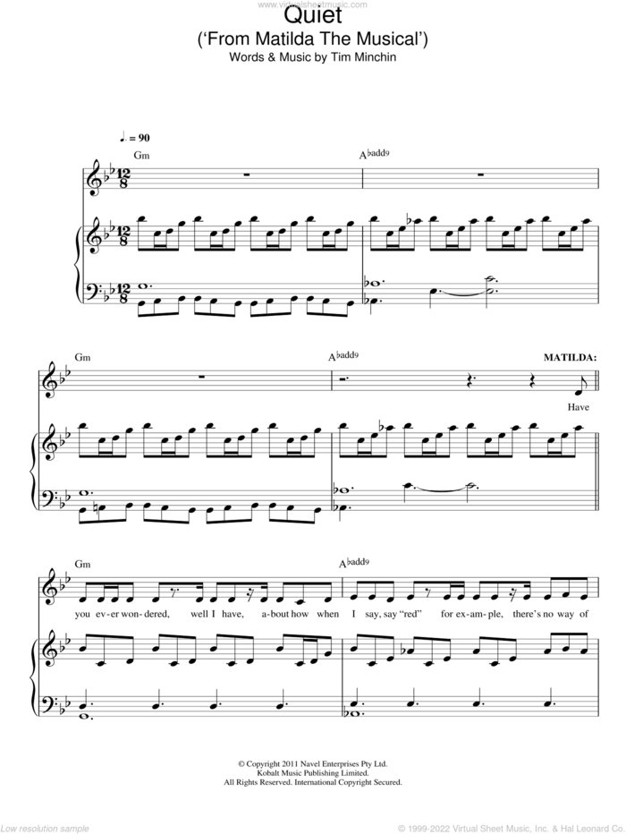Quiet (from Matilda: The Musical) sheet music for voice and piano by Tim Minchin, intermediate skill level