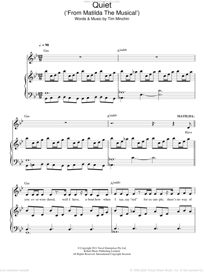 Quiet (from Matilda The Musical) sheet music for voice and piano by Tim Minchin, intermediate skill level