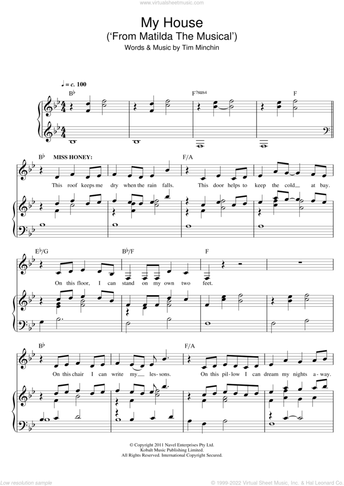My House (from Matilda The Musical) sheet music for voice and piano by Tim Minchin, intermediate skill level